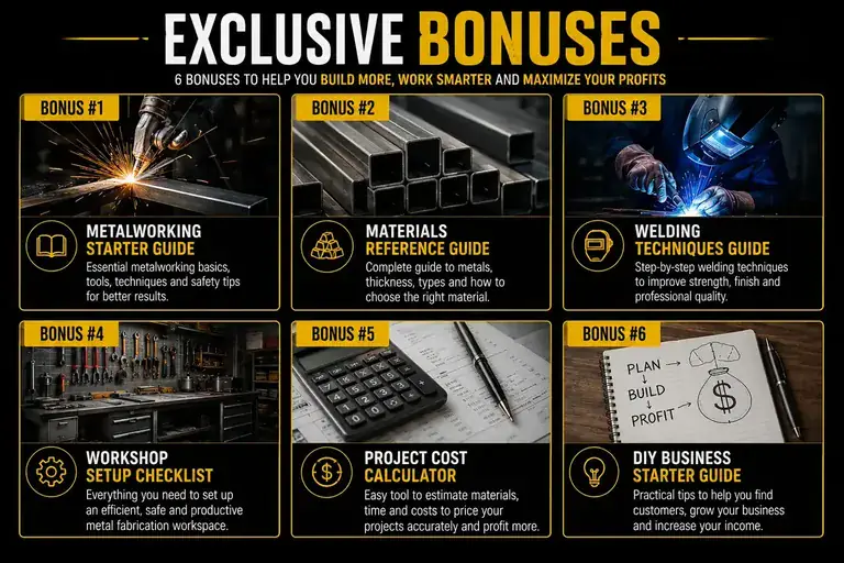 Bonus materials overview including metalworking guide, reference guide, welding guide and project calculator.