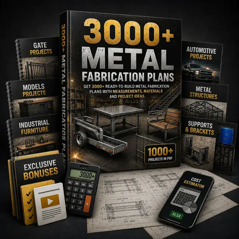 Product mockup of the 3,000+ metal fabrication plans collection with bonus materials and the cost estimator app.